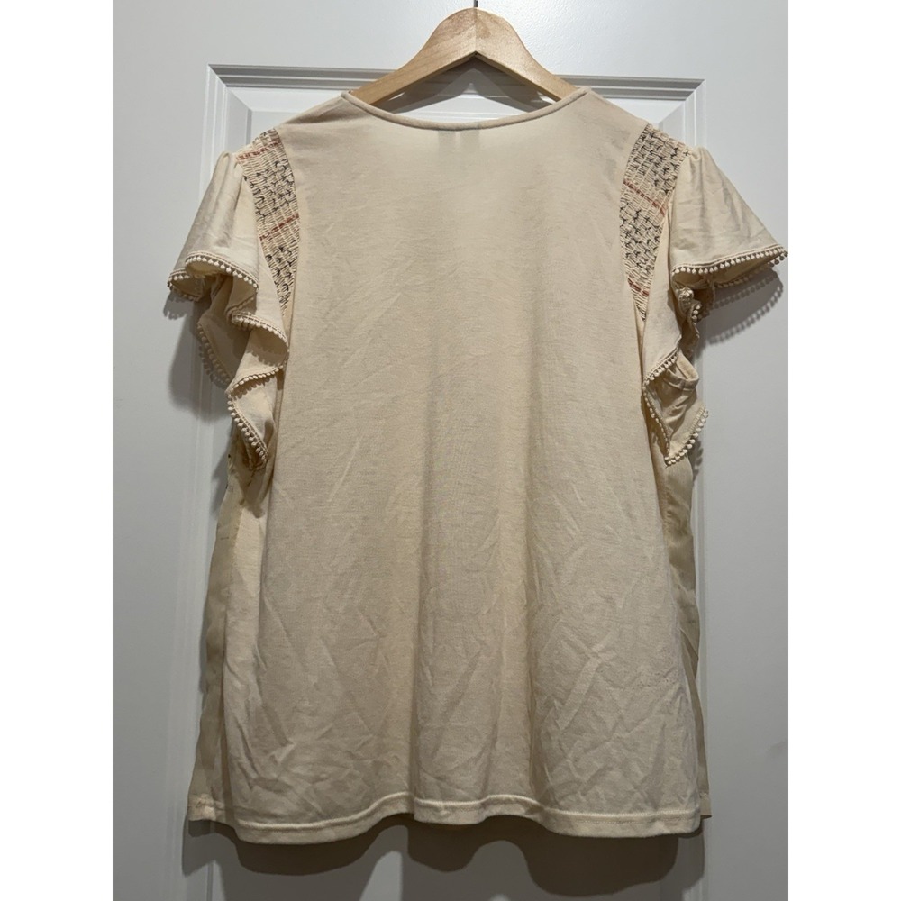 Cream Floral Embroidery Flutter Sleeve Women's Blouse Size XL - Picture 2 of 4